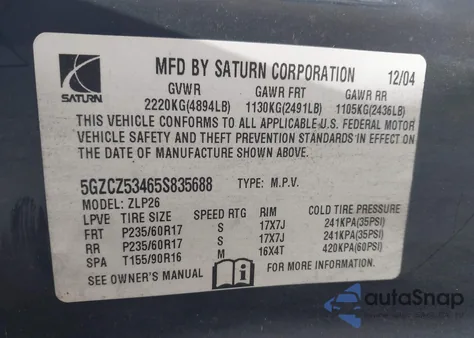 2005 Saturn Vue V6 from USA, damaged, VIN 5GZCZ53465S835688